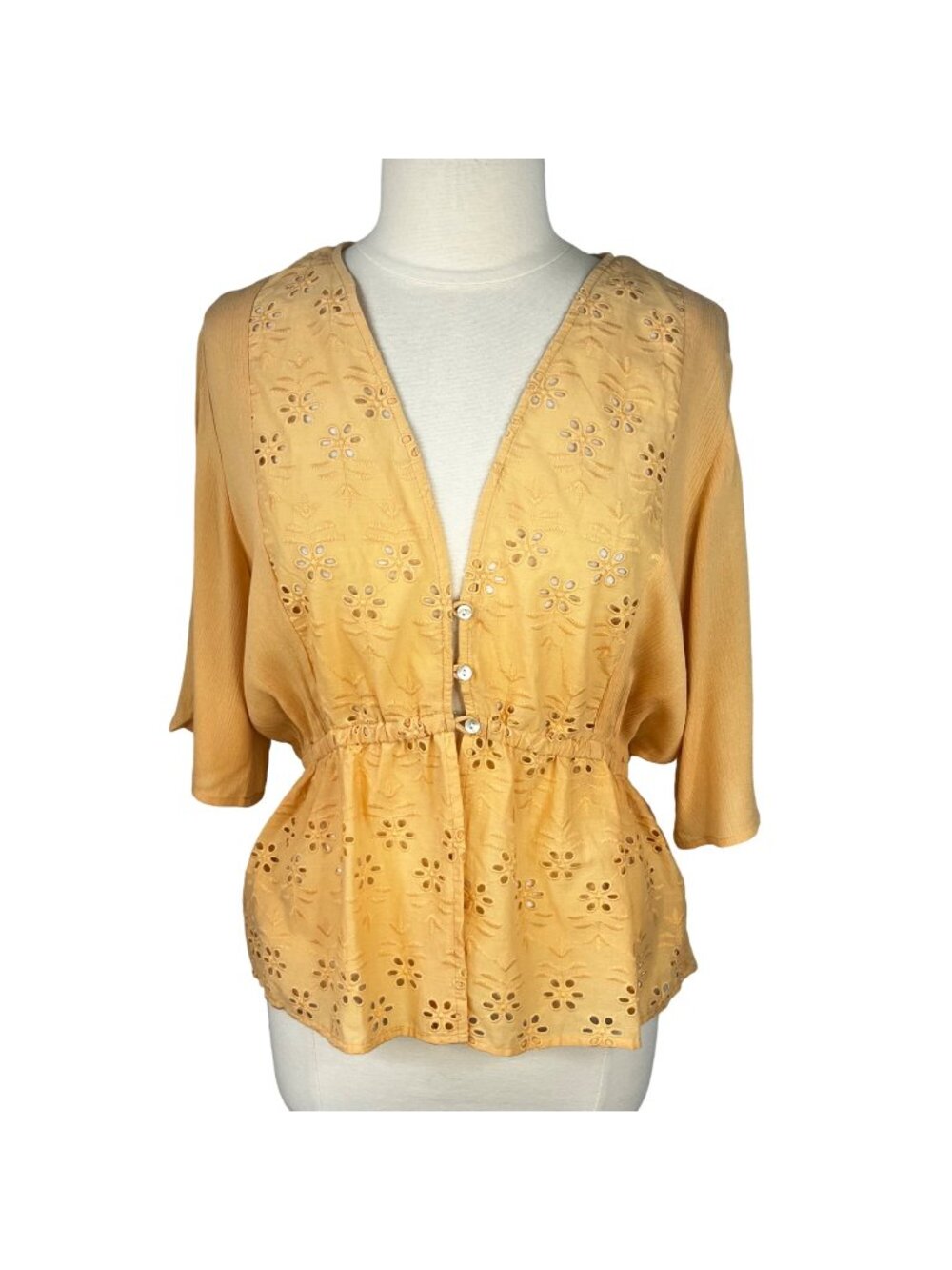 Versona Embroidered Button Front Top‎ Womens Medium Yellow